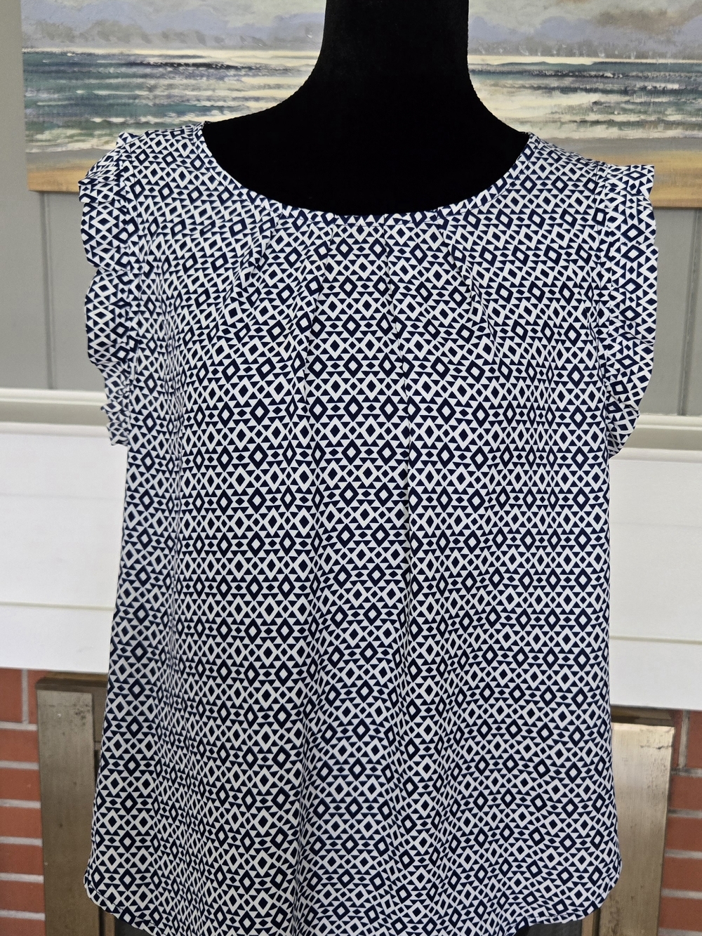 Forever 21 Navy & White Geometric Ruffle Sleeve Blouse